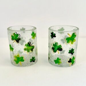 2-Yankee Candle Crackle Votive Tea Light Holder WATERCOLOR SHAMROCKS Collectible